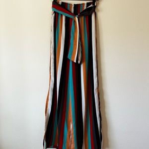 Striped multi color tie waist wide leg culotte cropped pants